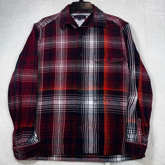 Tommy Hilfiger Plaid Shirt Mens Size Large Red Plaid Overshirt Heavyweight Cotto - Picture 1 of 9